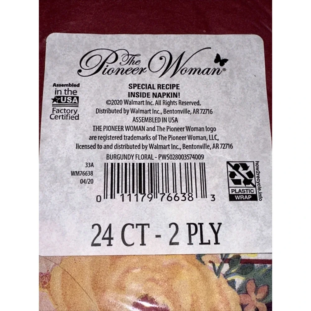Pioneer Woman Burgundy Floral Paper Napkins 24 Count 2 Ply Recipe Inside PW76638
